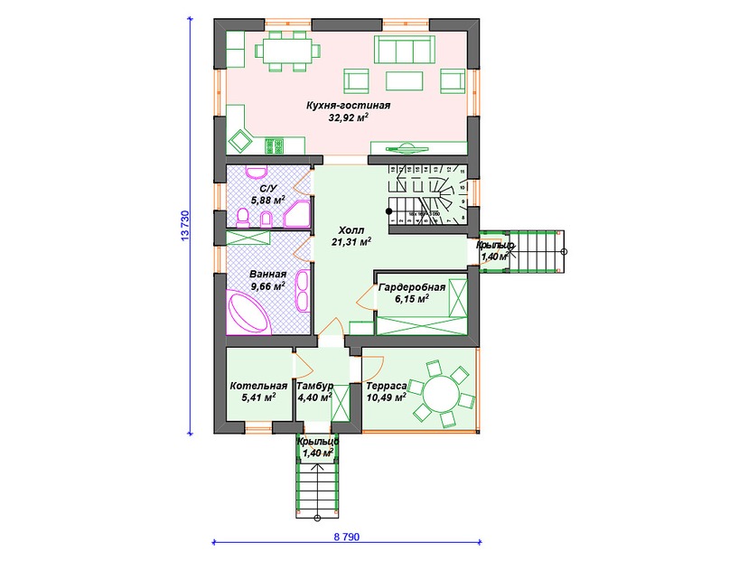 Каркасный дом 14x9 с котельной, террасой, мансардой – проект V185 "Хомер" план первого этаж