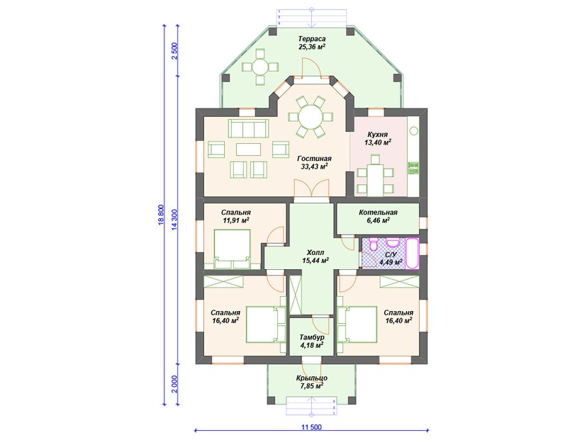 Каркасный дом 19x12 с террасой, котельной, эркером – проект V225 "Мичиган" план первого этаж