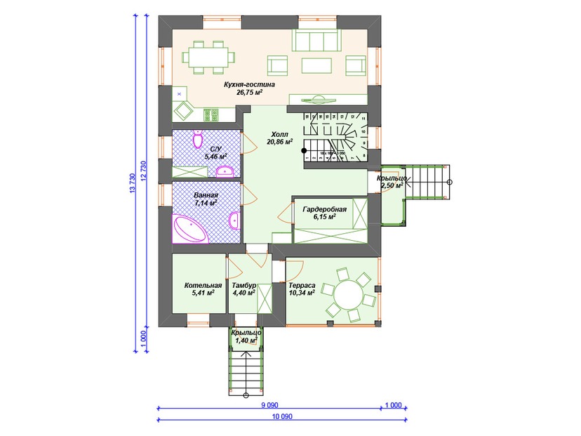 Каркасный дом 14x10 с котельной, террасой – проект V184 "Кодиак" план первого этаж