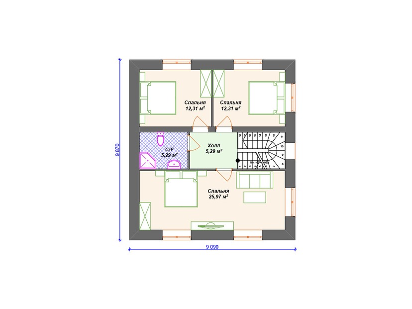 Каркасный дом 14x10 с котельной, террасой – проект V184 "Кодиак" план второго этажа