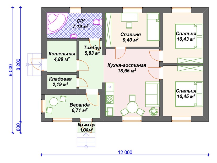 Каркасный дом 9x12 с котельной – проект V168 "Рогерс" план первого этаж