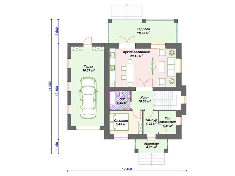 Каркасный дом 14x12 с террасой, гаражом, мансардой – проект V167 "Антиоч" план первого этаж