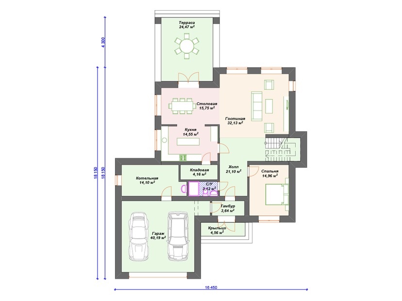 Каркасный дом 18x16 с котельной, террасой, гаражом – проект V203 "Аннистон" план первого этаж