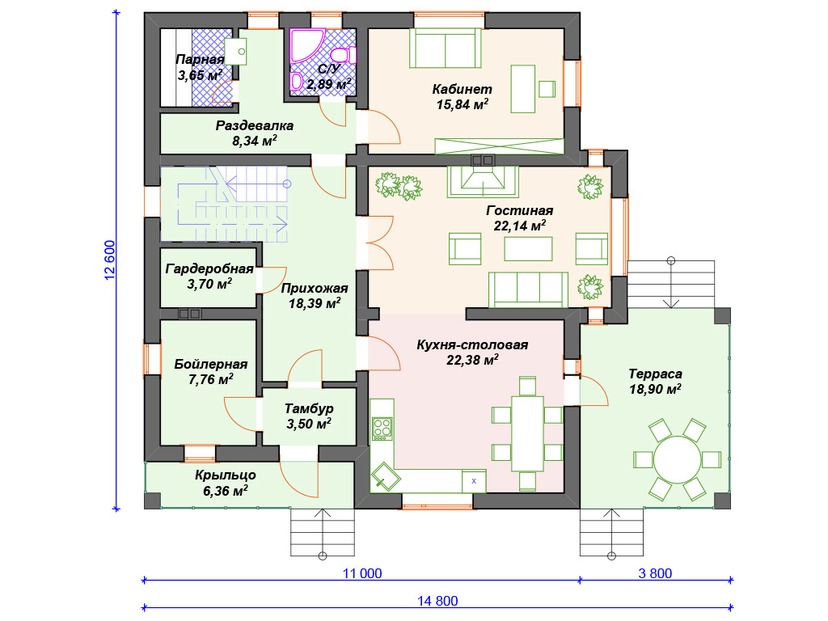 Каркасный дом 13x15 с котельной, сауной, балконом – проект V166 "Белмонт" план первого этаж