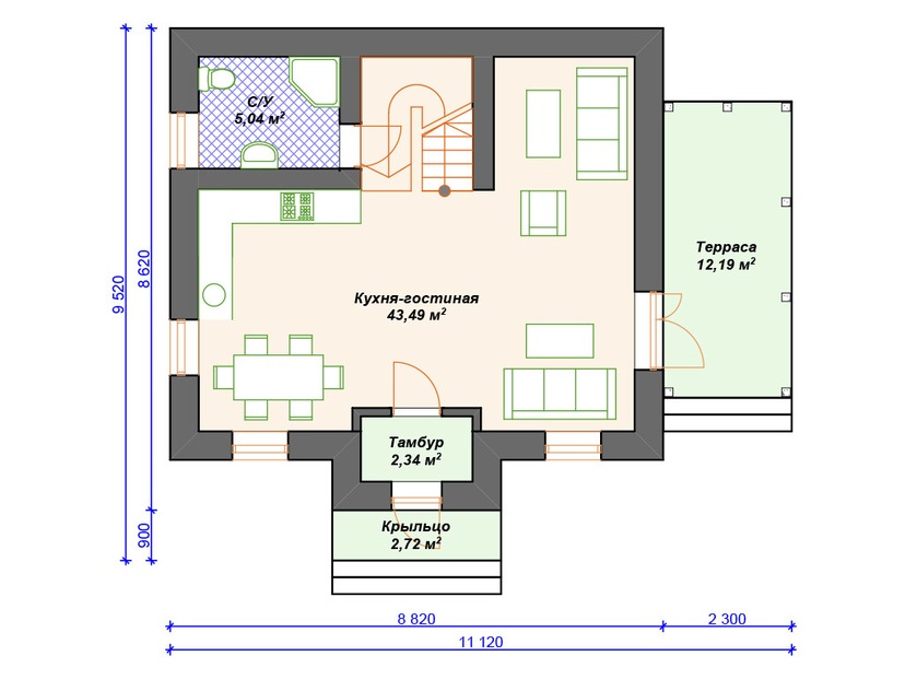 Каркасный дом 10x9 с балконом, террасой, мансардой – проект V223 "Монтана" план первого этаж