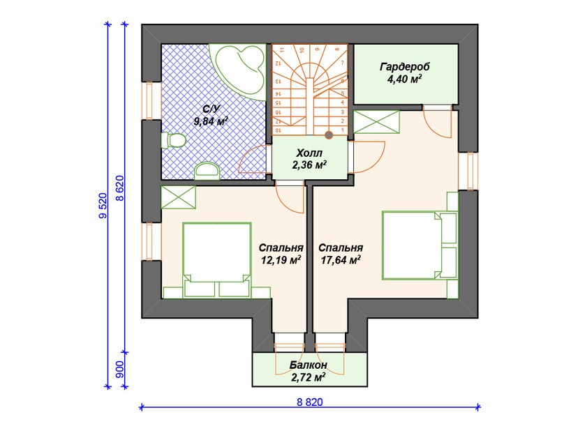 Каркасный дом 10x9 с балконом, террасой, мансардой – проект V223 "Монтана" план мансардного этажа