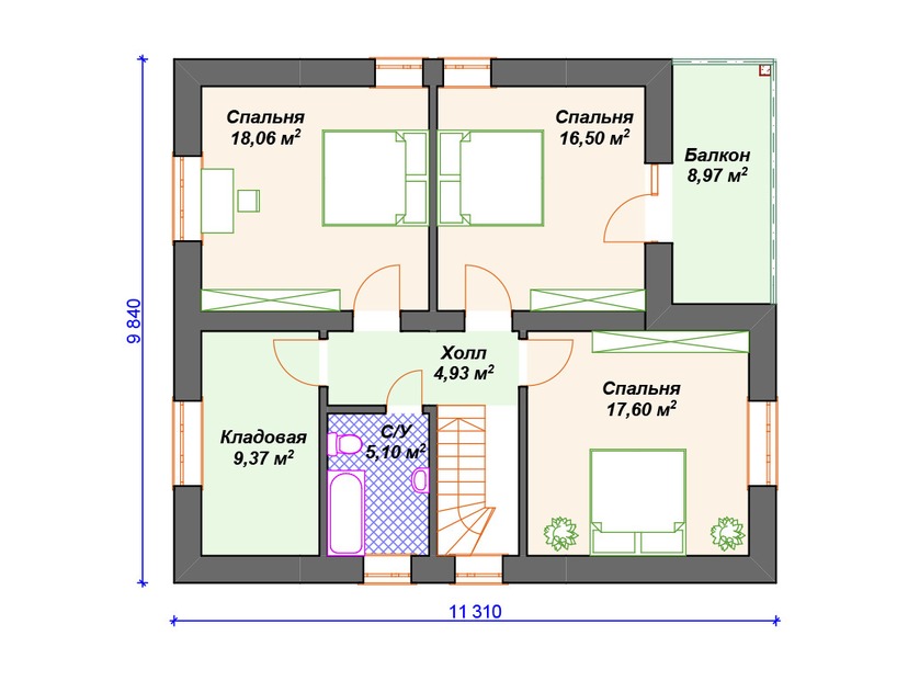 Дом из газоблока с балконом, террасой, мансардой - VG164 "Цармел" план мансардного этажа