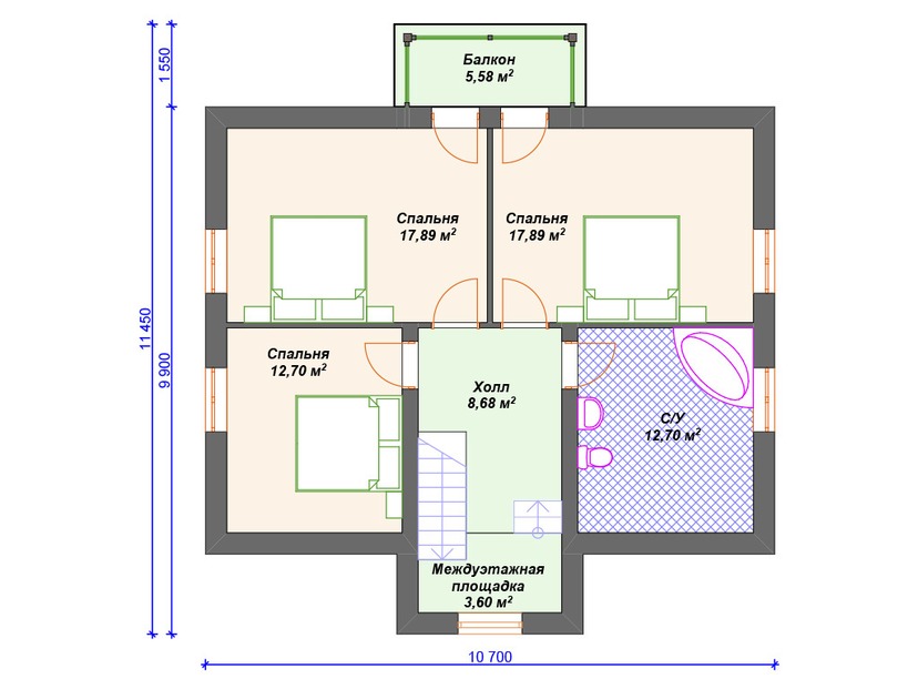 Каркасный дом 11x11 с котельной, балконом, террасой – проект V182 "Цаса Гранде" план мансардного этажа