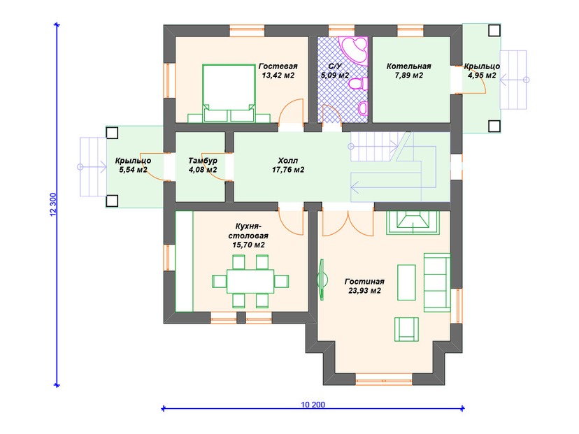 Каркасный дом 12x10 с котельной – проект V222 "Небраска" план первого этаж