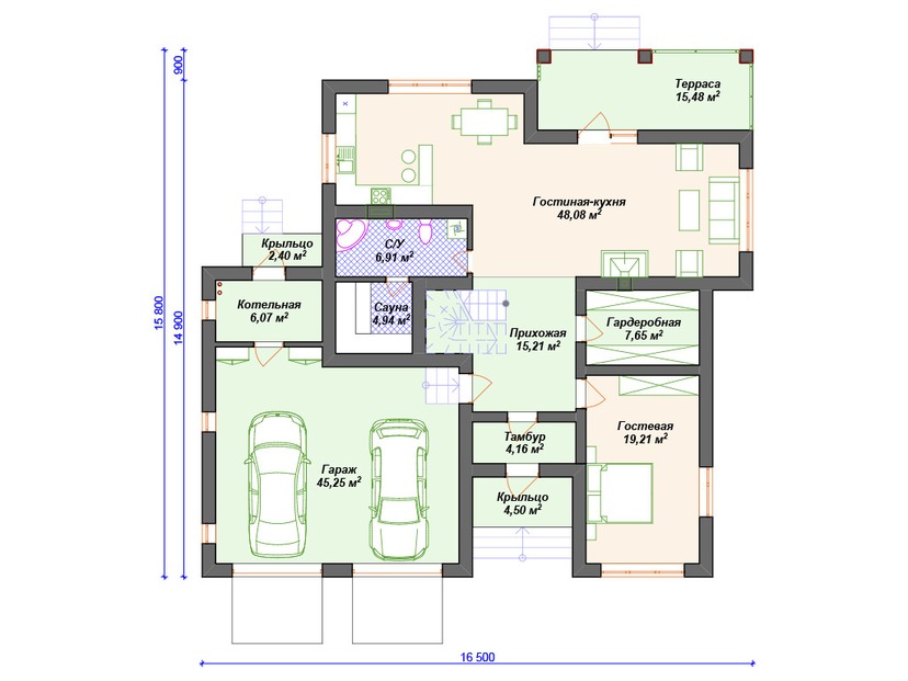Каркасный дом 16x17 с котельной, сауной, балконом – проект V181 "Флагстафф" план первого этаж