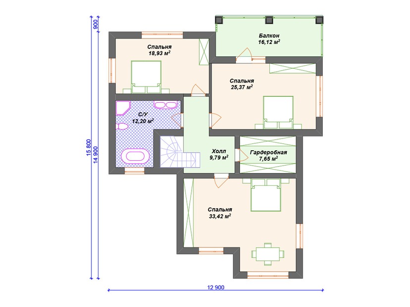 Каркасный дом 16x17 с котельной, сауной, балконом – проект V181 "Флагстафф" план второго этажа