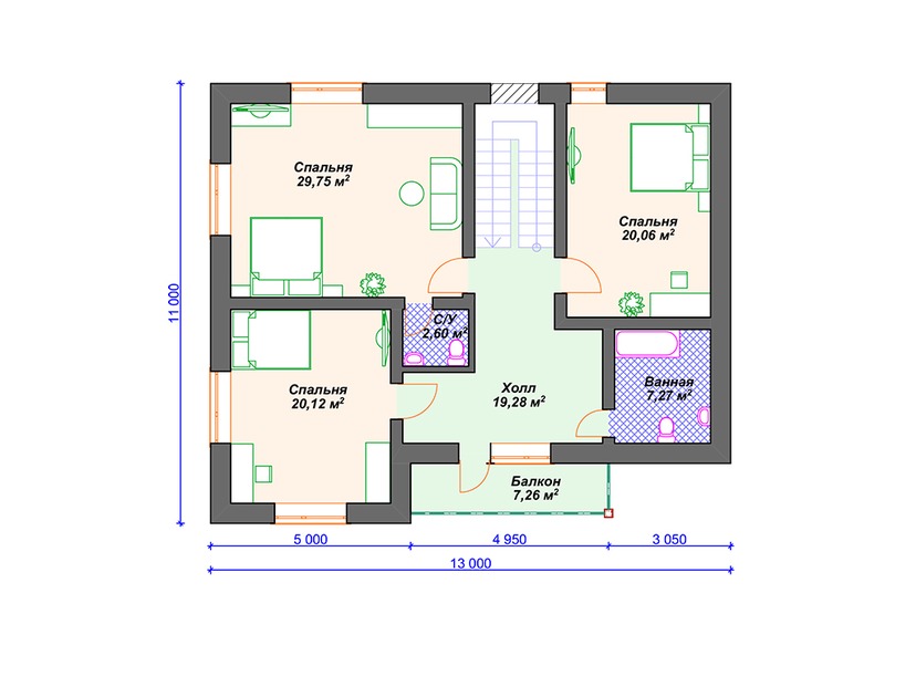 Каркасный дом 11x13 с котельной, балконом, террасой – проект V119 "Монтцлаир" план мансардного этажа