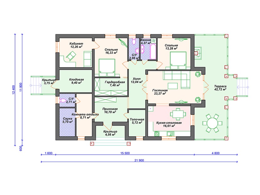 Каркасный дом 12x22 с котельной, сауной, террасой – проект V090 "Нью Рочелле" план первого этаж