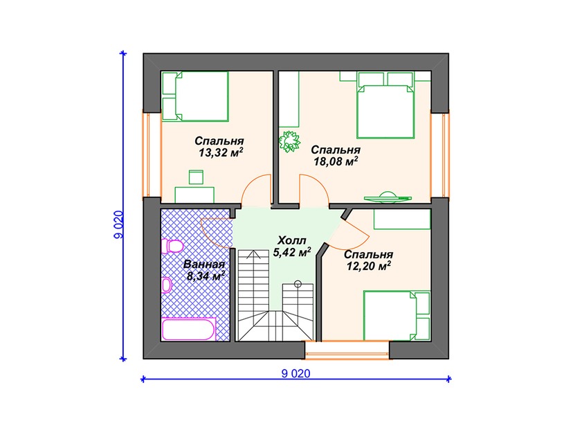 Каркасный дом 9x10 с котельной, террасой, мансардой – проект V118 "Морристоун" план мансардного этажа