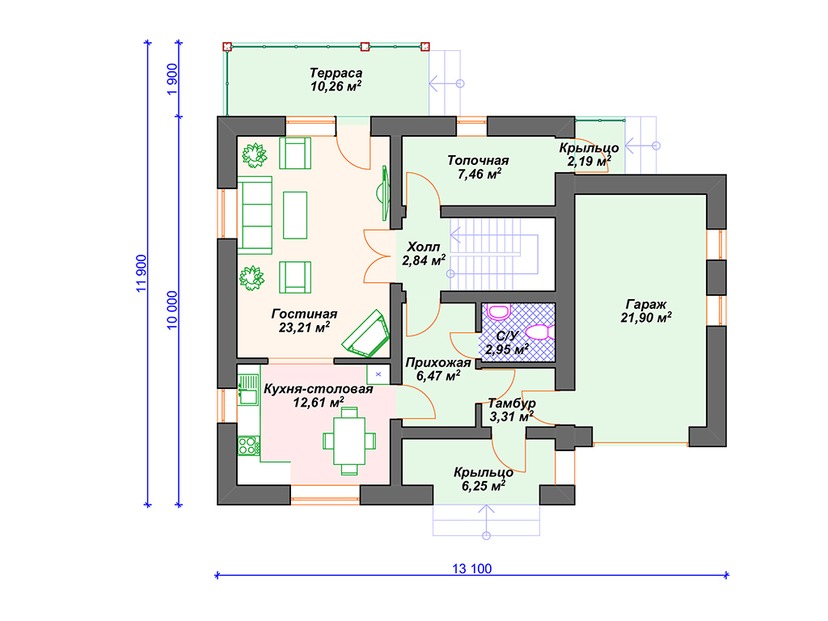 Каркасный дом 12x13 с котельной, балконом, террасой – проект V089 "Нью Виндсор" план первого этаж