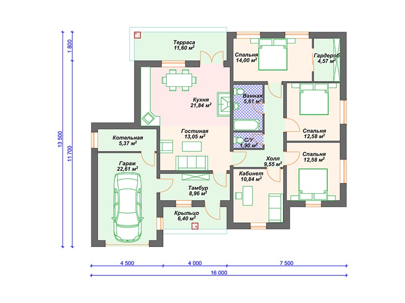 Дом из газоблока с террасой, котельной, гаражом - VG117 "Принстон" план первого этаж