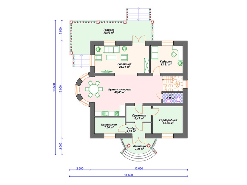 Каркасный дом 17x15 с котельной, балконом, эркером – проект V087 "Ниагара Фоллс" план первого этаж