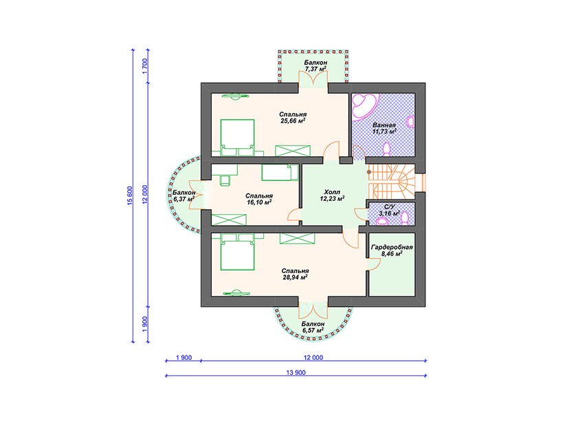 Каркасный дом 17x15 с котельной, балконом, эркером – проект V087 "Ниагара Фоллс" план мансардного этажа