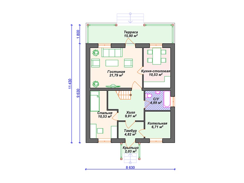 Каркасный дом 11x9 с котельной, террасой, мансардой – проект V116 "Ридгевуд" план первого этаж