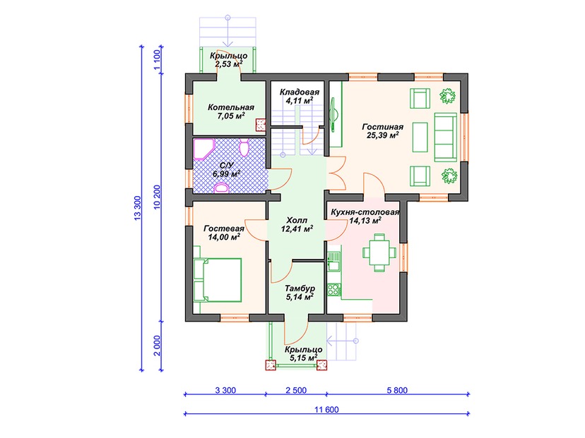 Дом из керамического блока VK085 "Олеан" c 4 спальнями план первого этаж