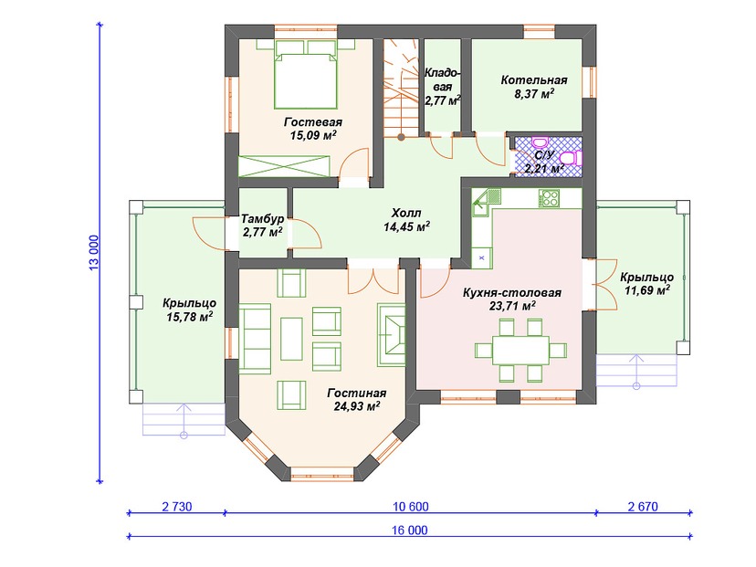 Каркасный дом 13x16 с котельной, эркером – проект V113 "Акома" план первого этаж