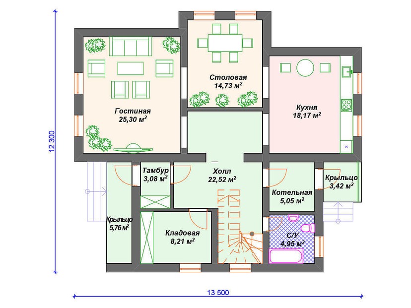 Каркасный дом 12x14 с котельной, балконом, мансардой – проект V112 "Деминг" план первого этаж