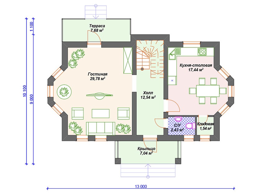 Каркасный дом 10x13 с балконом, террасой, эркером – проект V110 "Белен" план первого этаж