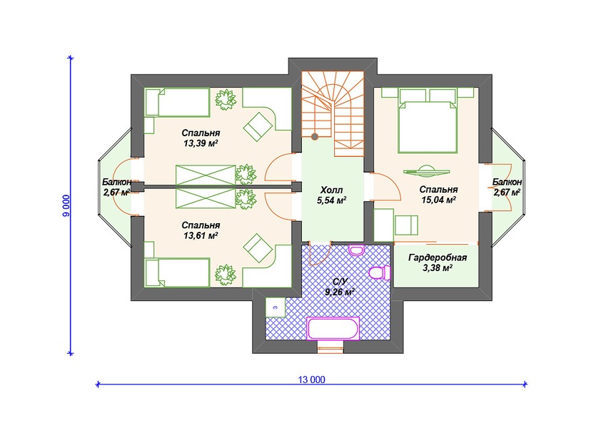 Каркасный дом 10x13 с балконом, террасой, эркером – проект V110 "Белен" план мансардного этажа