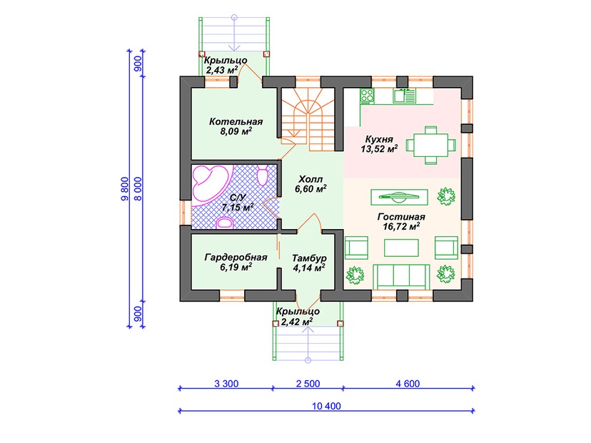 Дом из керамического блока VK082 "Платсбург" c 3 спальнями план первого этаж