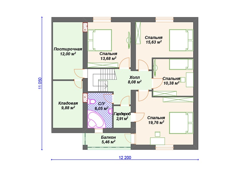 Каркасный дом 11x14 с котельной, балконом, гаражом – проект V144 "Бристол" план мансардного этажа