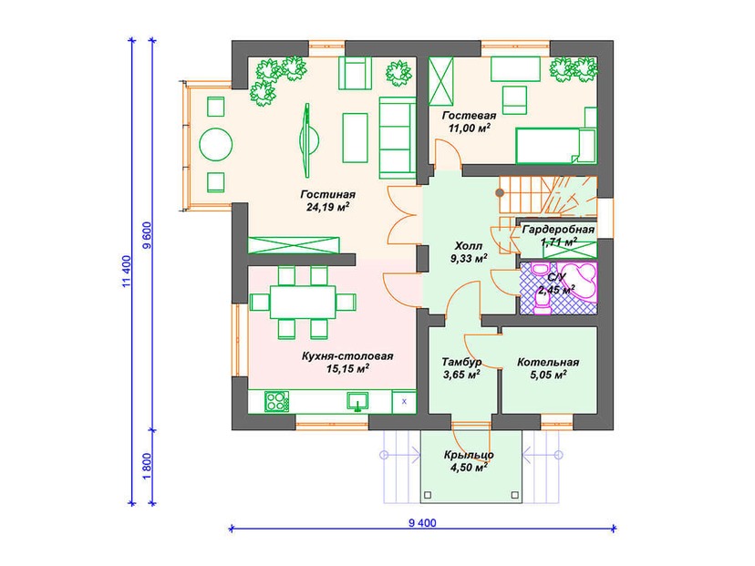 Каркасный дом 11x9 с котельной, эркером, мансардой – проект V109 "Порталес" план первого этаж