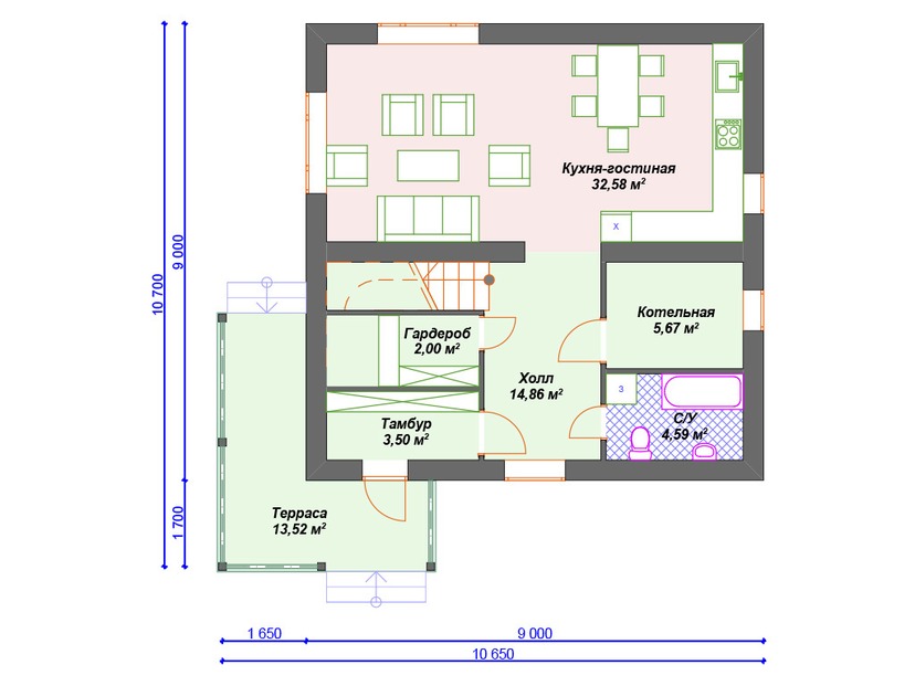Каркасный дом 11x11 с котельной, балконом, террасой – проект V143 "Дариен" план первого этаж