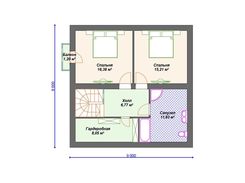 Каркасный дом 11x11 с котельной, балконом, террасой – проект V143 "Дариен" план мансардного этажа