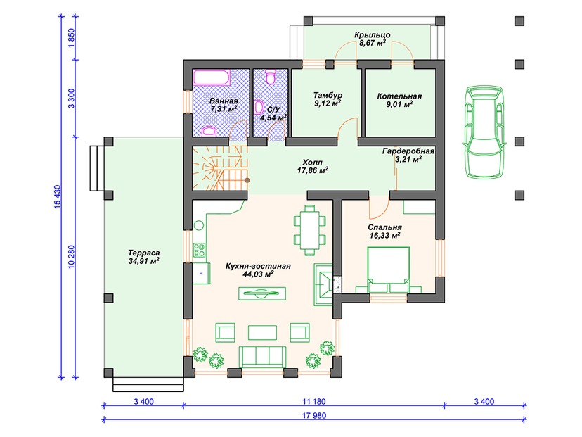Каркасный дом 15x18 с котельной, террасой, мансардой – проект V108 "Ловингтон" план первого этаж