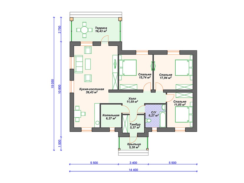 Дом из керамического блока VK080 "Роттердам" c 3 спальнями план первого этаж