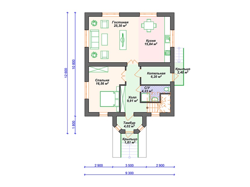 Дом из керамического блока VK079 "Стоун Брук" c 4 спальнями план первого этаж