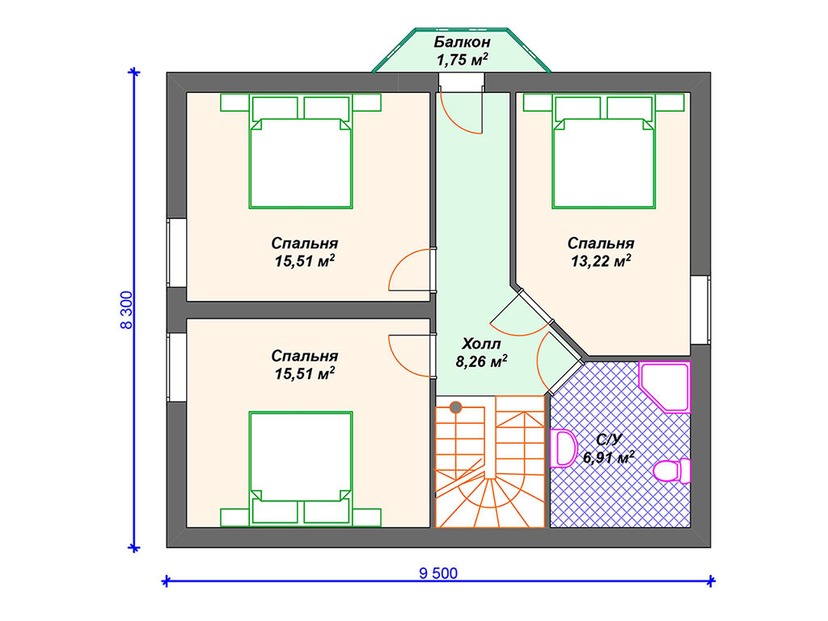 Каркасный дом 10x10 с котельной, террасой, балконом – проект V141 "Мансфиелд" план мансардного этажа
