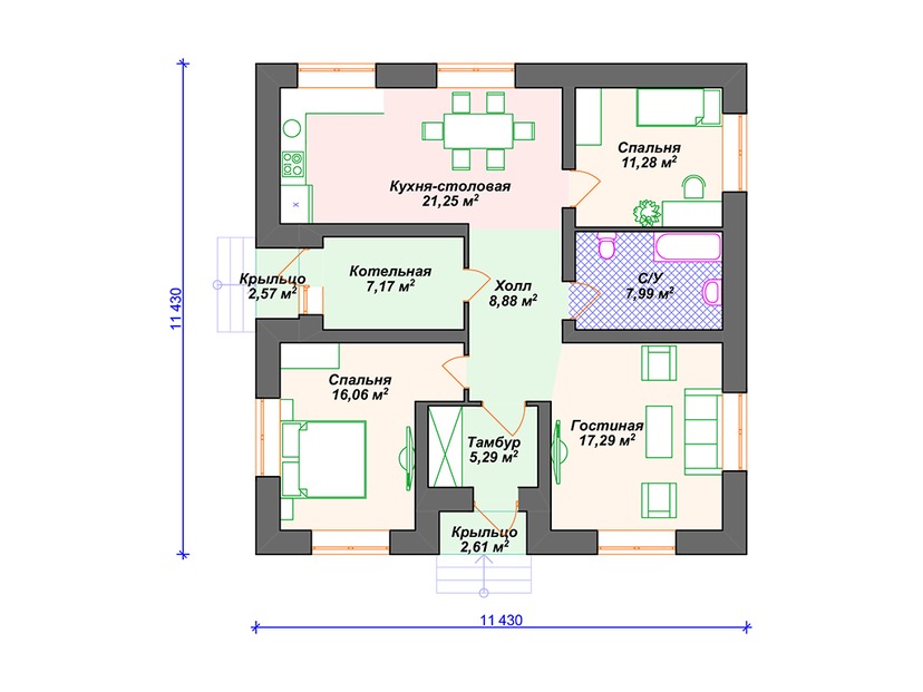 Каркасный дом 11x11 с котельной – проект V106 "Ратон" план первого этаж