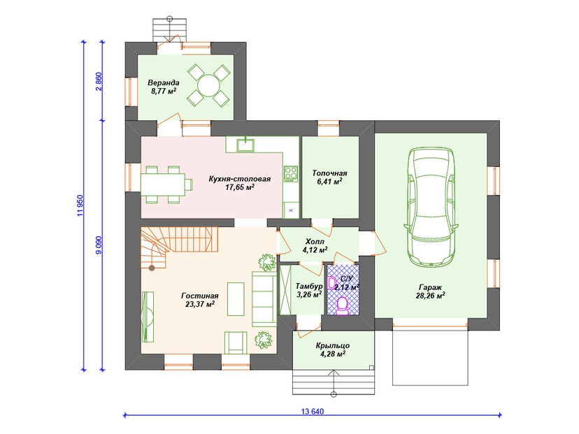 Каркасный дом 12x14 с котельной, гаражом – проект V140 "Мериден" план первого этаж