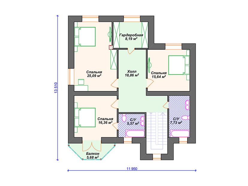Дом из газобетона с котельной, балконом, террасой - VG077 "Гранд Форкс" план второго этажа