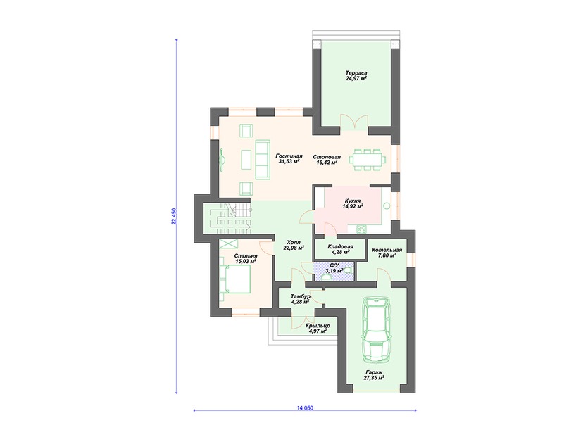Каркасный дом 22x14 с котельной, террасой, гаражом – проект V104 "Флушинг" план первого этаж