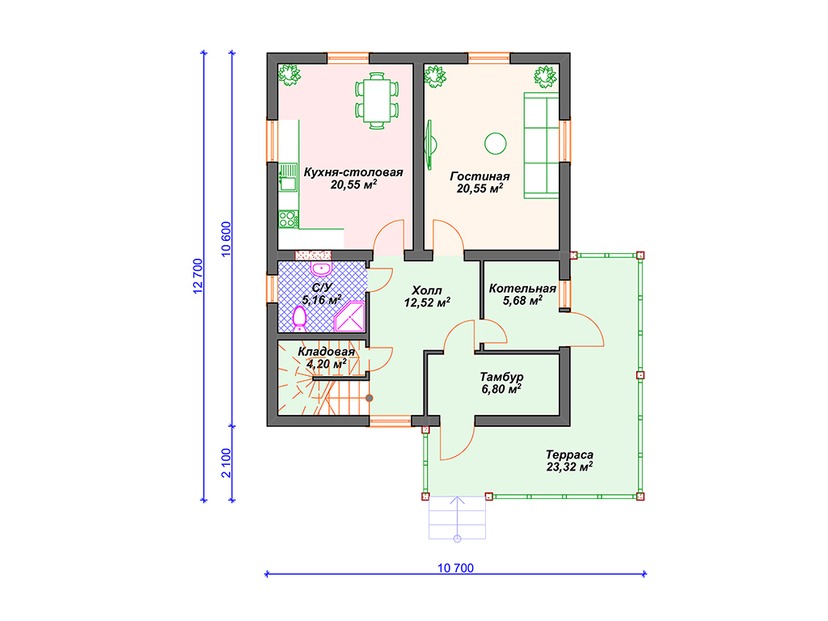 Дом из газобетона с котельной, террасой, мансардой - VG076 "Виллистон" план первого этаж
