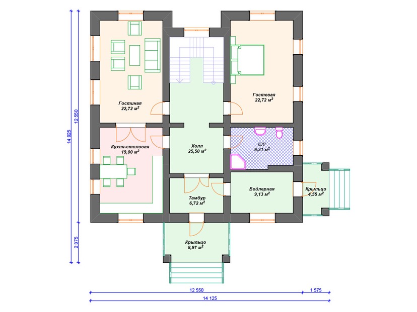 Каркасный дом 15x14 с котельной – проект V138 "Стонингтон" план первого этаж