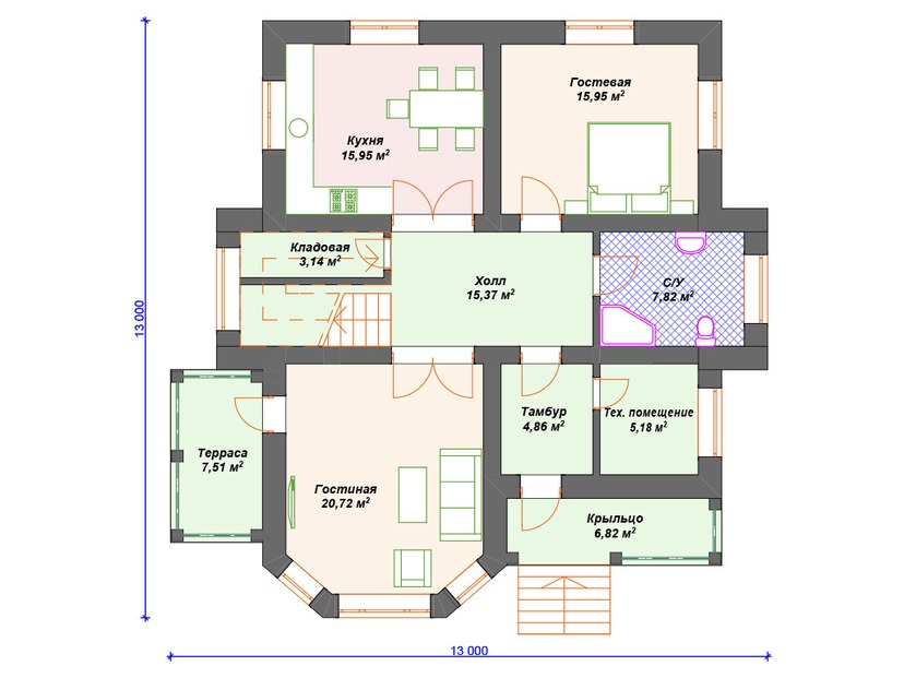 Каркасный дом 13x13 с балконом, террасой, эркером – проект V137 "Милфорд" план первого этаж