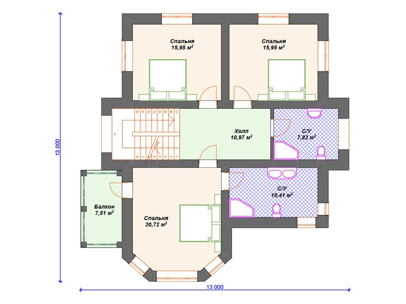 Каркасный дом 13x13 с балконом, террасой, эркером – проект V137 "Милфорд" план второго этажа