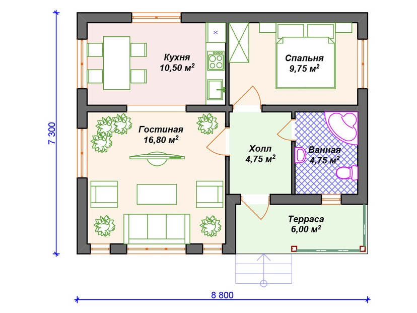 Каркасный дом 7x9 с террасой – проект V103 "Винелэнд" план первого этаж