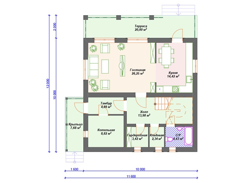 Каркасный дом 12x12 с котельной, балконом, террасой – проект V136 "Стратфорд" план первого этаж