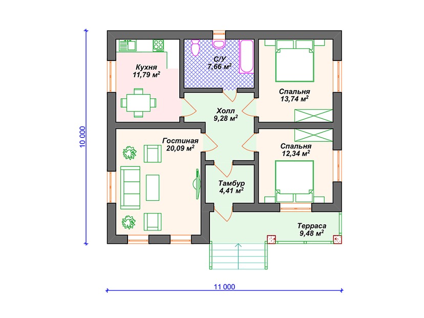 Дом из керамического блока VK074 "Кент" c 2 спальнями план первого этаж