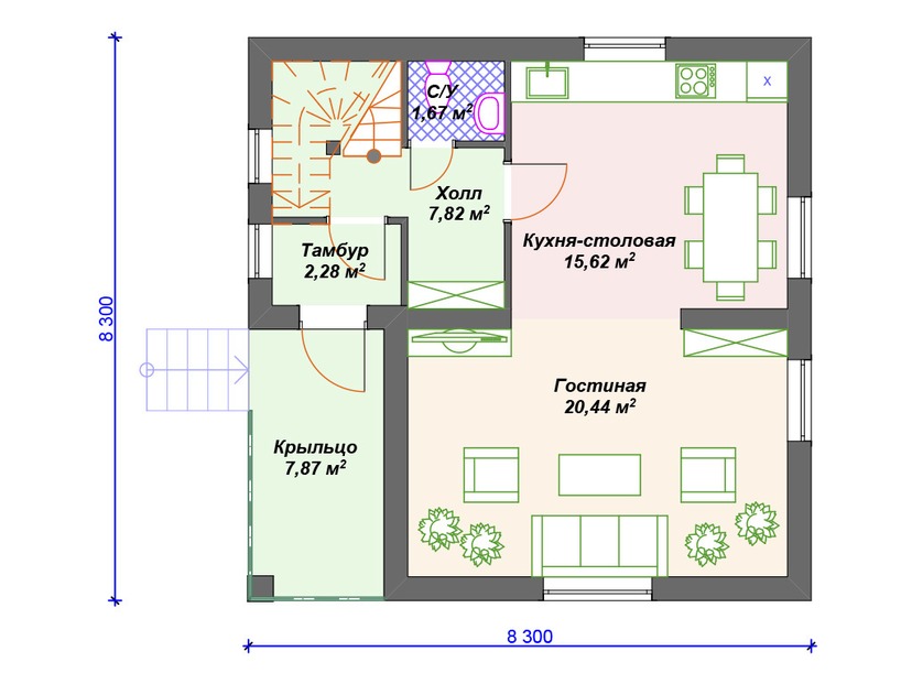 Дом из газоблока с балконом, мансардой - VG135 "Торрингтон" план первого этаж