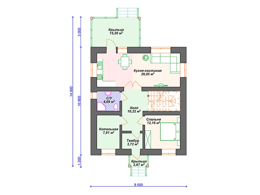 Каркасный дом 15x10 с котельной – проект V073 "Лима" план первого этаж